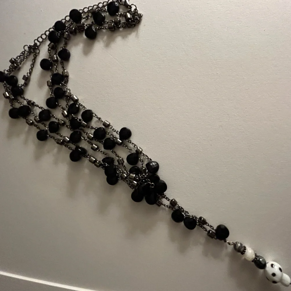 Necklace glass & Agate stone mushroom pendant on 3-strand black faceted beads